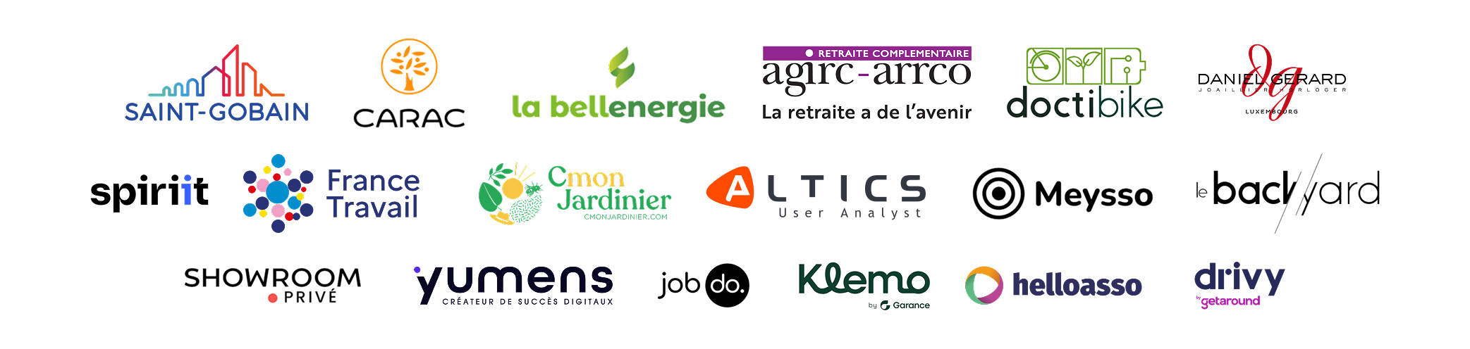 plusieurs logos avec qui Userlynx a pu travailler en 2025 : Saint Gobain, Carac, La belle énergie, agirc-arrco, doctibike, Daniel Gerard, spiriit, France travail, Cmon Jardinier, Altics, Meysso, Le backYard, Showroom privé, yumens, job do, Kelmo, Helloasso, drivy getaround