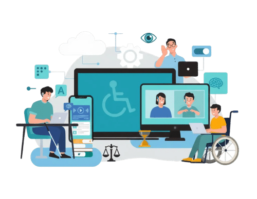 illustration de personnes en situation de handicap avec des outils numériques en fond, test accessibilité